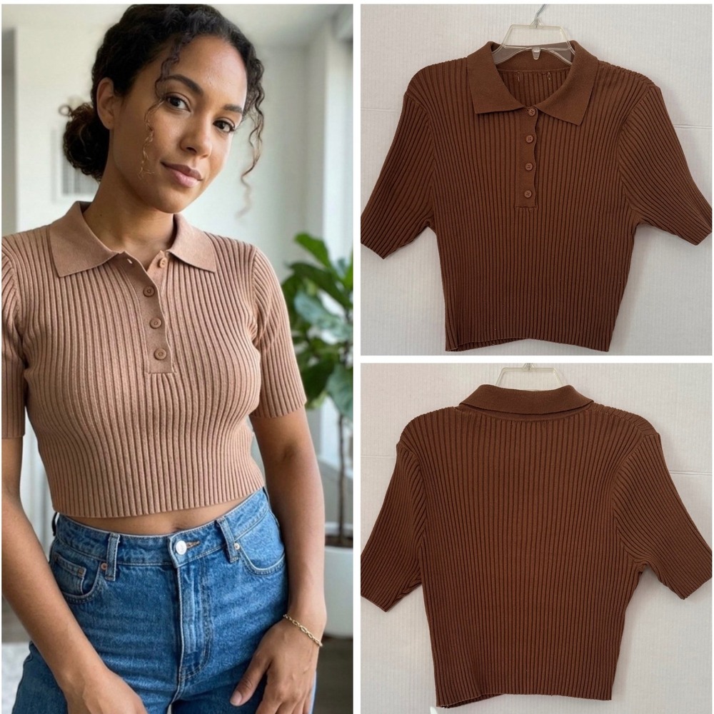 Boxy Old Money Knit Polo Top 12/14 Brown Ribbed Preppy Drk Academia Minimalist